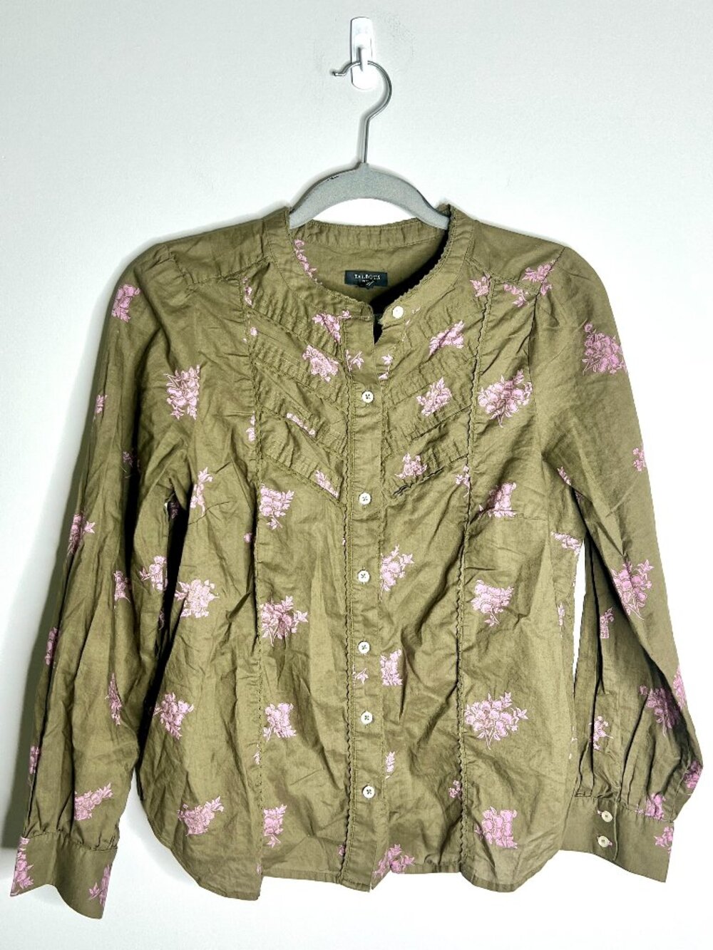 Talbots Lace Trim Shirt in Floral Clusters Cottagecore Olive Granola Girl Sz MP - Picture 3 of 6